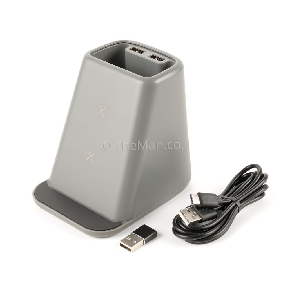 מטען אלחוטי עם מחזיק עט ויציאות USB